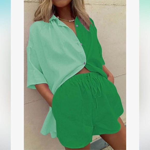 Fixmatti Green Cotton Colorblock Button Up Shirt and Shorts Set - Picture 2 of 15